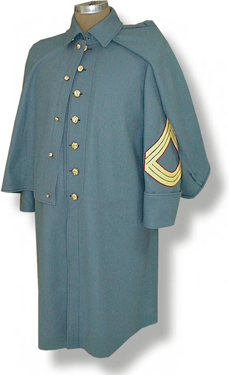Indian War era US marine enlisted uniforms 1875 Page 21 The 1875 pattern Enlisted Marine Overcoat is single breasted and made from 21 ounce Sky Blue Wool with detachable cuff length cape.
