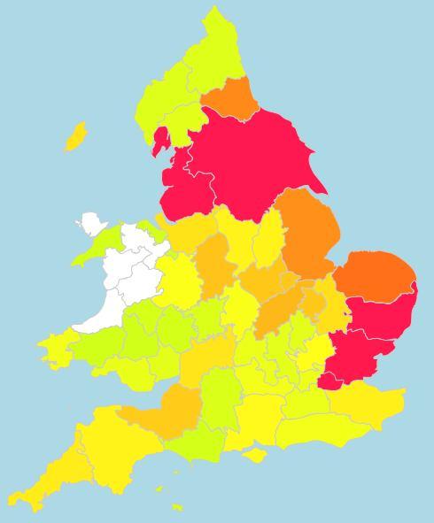 Yorkshire, Lancashire and London feature heavily, each with over 20,000.
