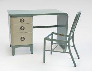 5 51 BEL GEDDES, Norman (1893-1958) Enameled green steel desk and side chair designed by Norman Bel Geddes.