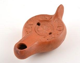 Ancient rome oil redware terracota with two openings, set with Chi Rho symbol in the centre,