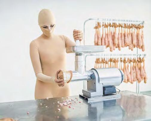 Strojové spracovanie mäsa, zodpovedajúcou váhou postave performerky a natláčaného do silonových pančúch zase pripomína sériovú produkciu potravín zodpovedajúcu predpísaným štandardom.