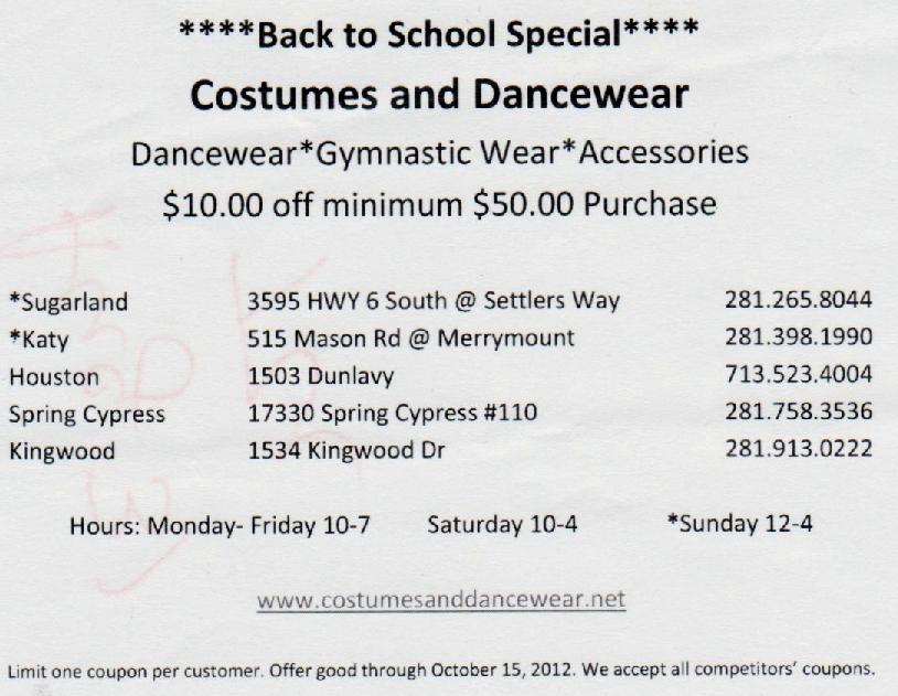 Limit one coupon per customer. Offer good through October 15, 2013. We accept all competitors coupons. This coupon can be used at Costume & Dancewear.