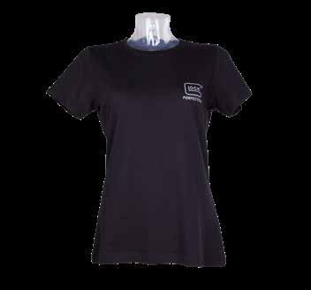 PERFECTION T-SHIRT WOMEN This short sleeve GLOCK T-Shirt in black features: 100% cotton GLOCK Perfection logo print on the left chest in white feminine shape woven necktape with doublestripes small