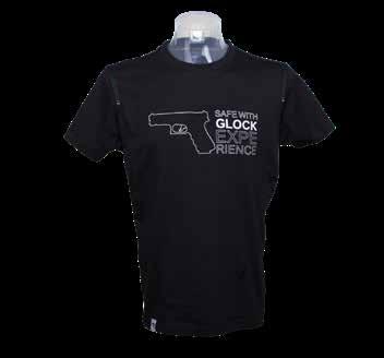 EXPERIENCE T-SHIRT MEN This short sleeve GLOCK T-Shirt in black features: 100% cotton GLOCK Perfection logo print on the back in white raised rubber print in grey sporty shape woven necktape with