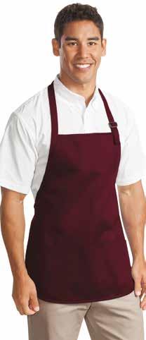 100% cotton twill with soil-release finish for added stain protection Three pouch pockets with a pen pocket 1" wide neck and waist ties,
