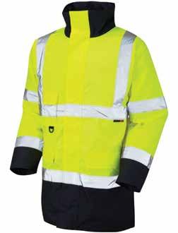 front handwarmer pockets, all Velcro fastening Body length 93cm 50mm high visibility tape Conforms to ISO 20471 class III Sizes: S 3XL Fabric: PU coated polyester HI-VIS FLEECE Product code: 6520-30