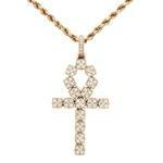 , SI1/I, 1192 Chain: (1) 10KRG rope chain, 22 inch, 3.0mm width, lobster clasp. (1) 10KRG "Anke" diamond cross, 152 rbc diamonds, 1.50 cts. TWA., I1/J, 28.1 grams.