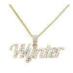 5 grams total weight 1199 NECKLACE & PENDANT: [1] 14kt yellow gold box link necklace, 16" long; [1] 14kt yellow gold diamond name pendant, "Wynter", set with (95) round brilliant cut diamonds,