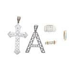 1327 PENDANT: Sterling silver "A" pendant with CZ accents; 2.25 inches long; 18.6 grams. PENDANT: Sterling silver cross pendant with CZ accents, 3 inches long; 17.9 grams.