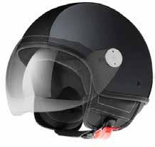 HEET COPTER Demi-jet helmet in AB material with eco-leather band and long visor. - Adjustable, transparent scratch-resistant visor. - teel ring to hook helmet on vehicle.