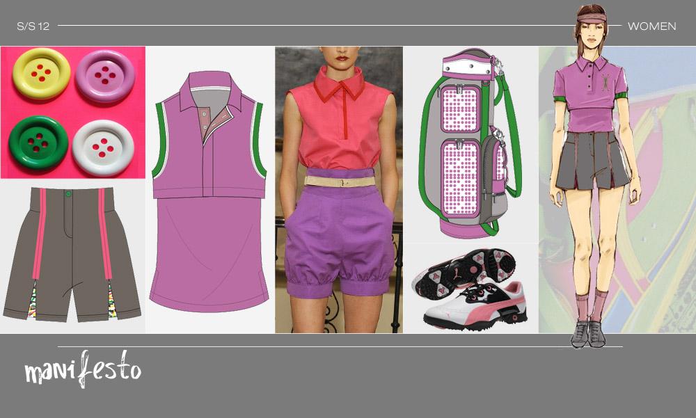 GOLF - LOOK 2 Revitalized kitsch for golf / High-waisted skort with hidden accents inside pleats / Woven crop