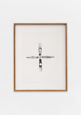 Rose des Vents / 2018, print of a used hammer / The 5 sides of the artist s father s hammer are printed.
