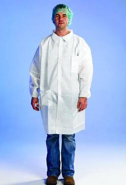 Cleanroom Lab coats, VWR Basic, SPP Lightweight, and breathable spunbonded polypropylene (SPP) fabric, which protects against dirt, grime, and certain dry particulates in non-hazardous environments.