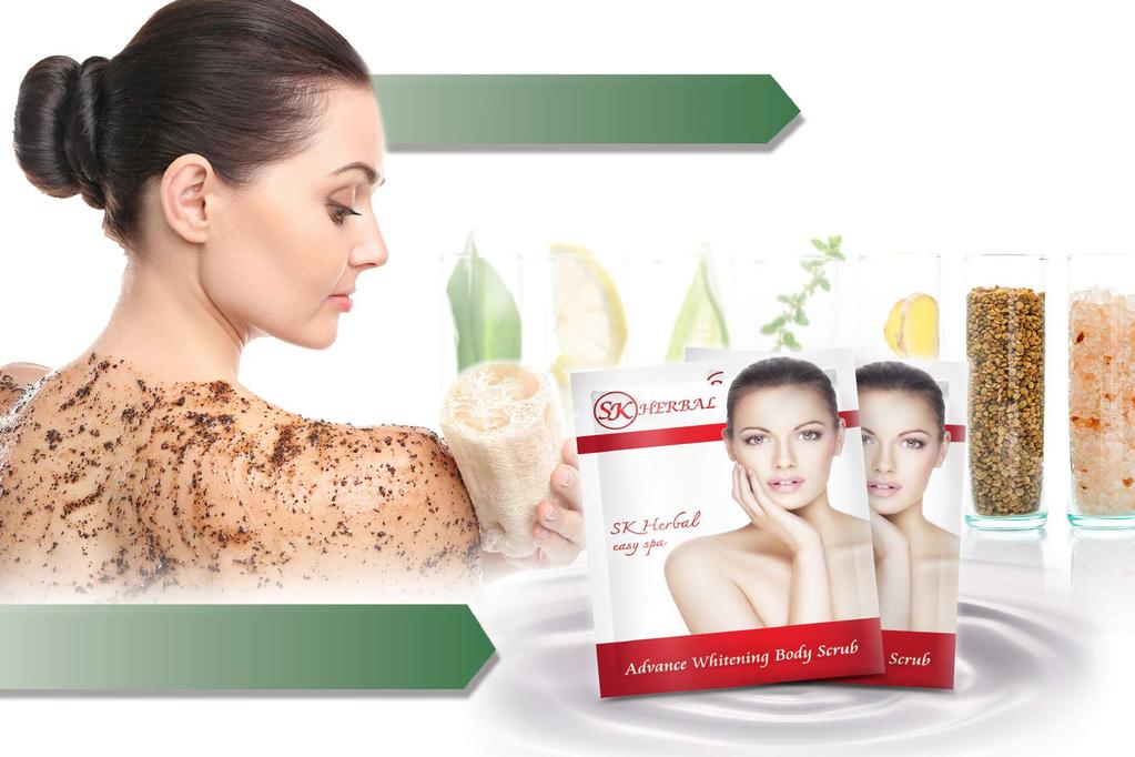 Advanced Whitening Body Scrub Special properties Our specially formulated body scrub powder is produced using innovative technology, which adopts specific properties of essential minerals and herbal