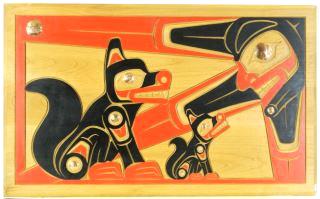 Lot # 485 485 Carved painted plaque signed Robert S. Sanderson, 34" x 19", d.2014, "Wolf & Sun". $400 - $450 486 Large Salish covered storage basket, diameter 18"-height 23".