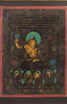 515 a tibetan thangka the central Mahakala igure standing, his left foot crushing a nude igure, wearing a crown of skulls, two guardians lanking a llama