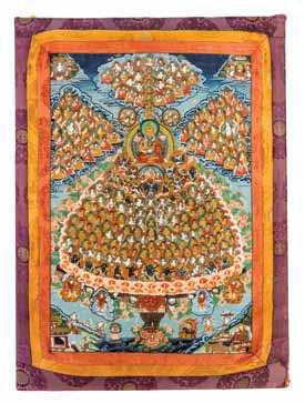 515 516 517 a tibetan thangka 19tH/20tH CEntUrY depicting Tsongkapa seated in the center lanked by lotus blossoms, surrounded by banks of bodhisattvas