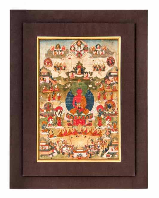 520 520 a tibetan thangka 18tH/19tH CEntUrY the central Medicine Buddha depicted in dhyanasana on a lotus plinth with the left hand bearing an alms bowl,