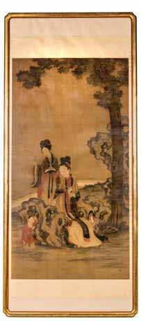 538 538 an Ink and color Painting on Silk Scroll 18tH CEntUrY depicting a garden scene with two female igures wearing layered robes and elaborate jewelry, one standing the other sitting on rockworks,