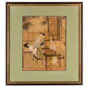 $800-1,200 544 a Large Ink and color Painting on Silk depicting pheasants perched on lowering prunus branches above blooming peonies and quails, framed.