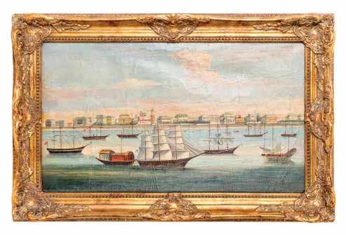 Higginson, Chicago, illinois $500-700 551 a chinese Export oil Painting depicting boats in a harbor, framed. 16 1/2 x 28 1/2 inches (visible).