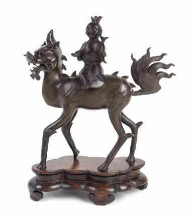 85 83 79 86 87 79 a Bronze Figural Group censer MinG DYnastY depicting a young boy riding on a qilin, raised on a itted hardwood stand. Height 12 inches.
