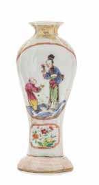 116 a Pair of Small chinese Export Famille rose Vases each of baluster form, raised on a loriated base surmounted by a lared lip, painted to depict two scenes of woman and a boy, with gilt decoration.