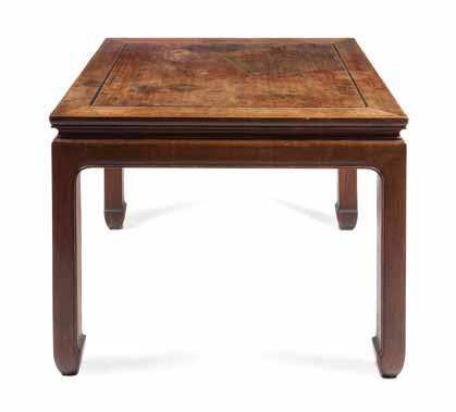 $300-500 388 a Set of three chinese rosewood nesting tables each with a rectangular top above pierce carved aprons, raised on four legs joined by three stretchers.