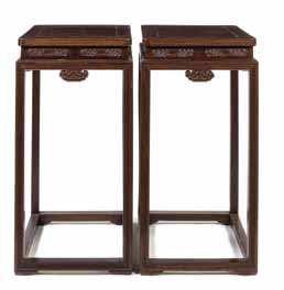 394 394 a Pair of chinese Jichimu Wood Side tables each with a square top panel above a recessed waist carved with knot form decoration above ruyi shape panels, supported on square sectioned legs