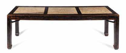 403 404 408 403* a Large chinese marble Inlaid Lacquered Elmwood Painting table 19tH CEntUrY the rectangular top inset with three white marble panels, raised on square sectioned legs ending in