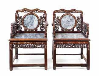 411 a Pair of chinese Export mother-of-pearl Inlaid Hongmu chairs each having a curved head crest decorated with foliate scrolls, above a central circular marble inset panel raised on a rectangular