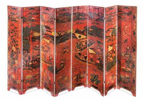 425 427 426 425 a Large chinese coromandel Lacquer Six-Fold Floor Screen carved to the front showing various igures in leisure pursuits in a terraced garden with a lotus pond, above panels enclosing