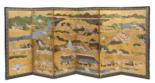 428 430 428 a Japanese Six-Fold Floor Screen 18tH CEntUrY ink and color on gold leaves, painted to depict a busy landscape scene illed with igures, houses and mountains in the distance.