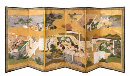 Property from a Prominent Midwest Collection $2,000-4,000 429* a Japanese Six-Fold Floor Screen EDo PErioD depicting an allegorical scene, with three noblemen observing two samurai and a band of