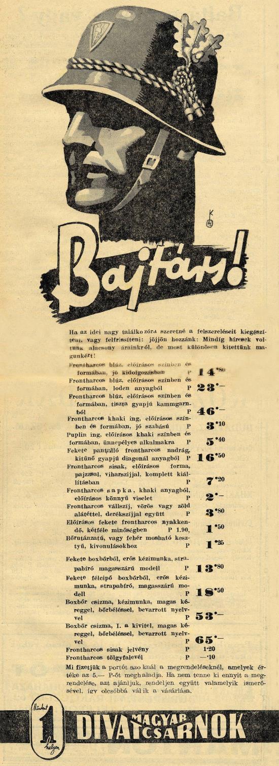 Right: Advertisement from the (original) Magyar Front, 1938.IX.24.
