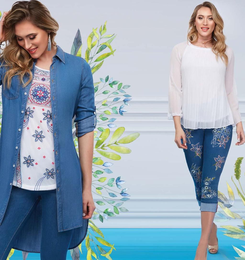 DENIM DREAM Floral Embroidered Top $59 XS - XL / #3F1MY6W6 PS - PL / #3F0MY6W6 1X - 3X / #3F4MY6W6 *$69 100 white Denim Duster