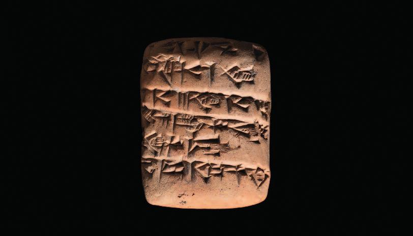 80. Sumerian clay tablet with ten lines of cuneiform recording rations paid out to official travellers as follows: 10 Elamites each received 1 sila of beer and 1 sila of bread, an individual named