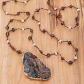 240/C Long Necklace with Stone. Pink/Brown.