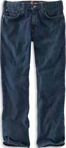 101483 12-ounce, 86% cotton/14% polyester denim Sits at the waist Relaxed seat and thigh Ounce-for-ounce as durable as 15-ounce Stronger sewn-on-seam belt loops denim Straight leg opening fits over