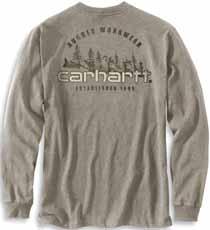 75-ounce, 100% cotton Left chest pocket with Carhartt logo Side-seamed construction to minimize twisting Tagless neck label Carhartt Hard Work graphic printed on back Imported 001 026 034