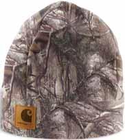 fleece for warmth Carhartt label sewn on front Imported Camo Fleece Hat A294 100% polyester fleece for warmth Carhartt leatherette label sewn on front Imported