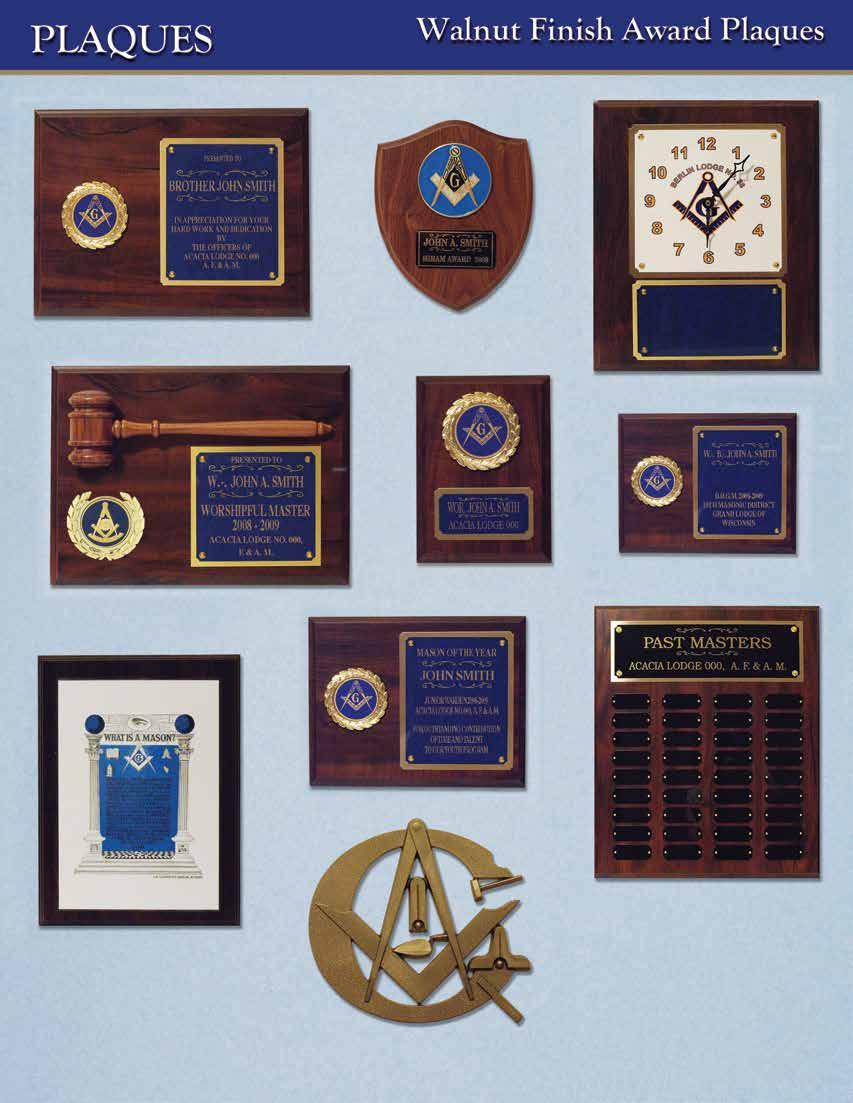 PLAQUES Walnut Finish Award Plaques Specify choice of emblem Allow two weeks for delivery Engraving at 20 cents per character No. P-9012 9 x 12 $40.00 No. L-1546 7 x 6 Shield $17.00 No. P-C912 9 x 12 Clock Plaque $54.