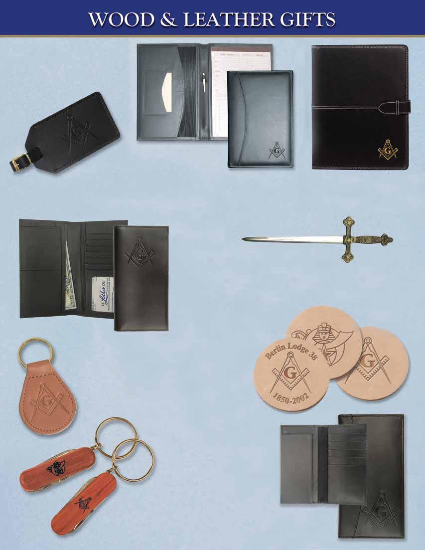 WOOD & LEATHER GIFTS Leather Luggage Tag Semi Secure tag satisfies airport I.D. requirements. Embossed Masonic emblem. No. E-702 $9.