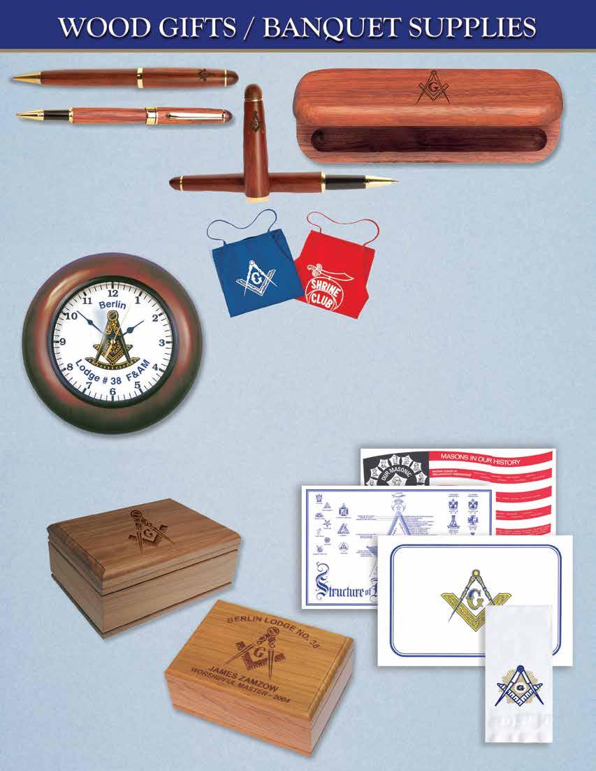 WOOD GIFTS / BANQUET SUPPLIES JOHN SMITH WORSHIPFU L MASTER BERLIN LODGE NO. 38 F. & A. M. Rosewood Writing Instruments Choice of Laser Engraved Emblem Included E-600 Director Pen $8.