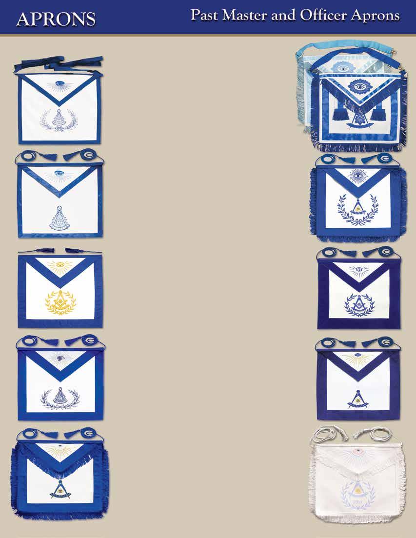 APRONS PAST MASTER AND OFFICER APRONS All JP Luther Aprons Are Made in the USA Available for all jurisdictions. Call for a quote. A. Past Master - Double layer poly cotton, 13 x 15 - Shrink and stain resistant - Emblem and wreath printed on body No.