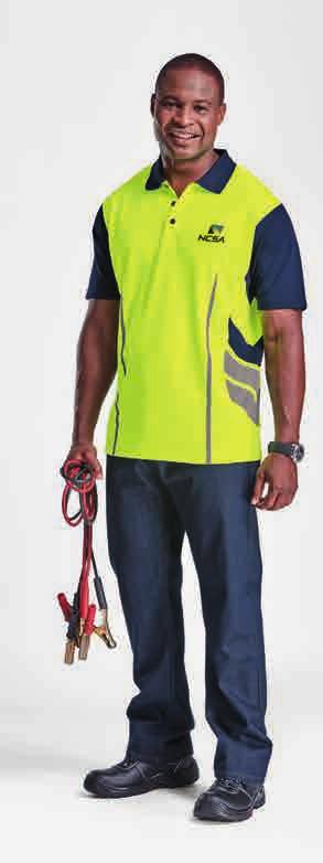 HI-SUR - SURGE GOLF SHIRT Features: Dynamic golfer perfect for the work wear industry High-visibility body Reflective chevron and reflective print next to the panels Knitted rib collar Grown on