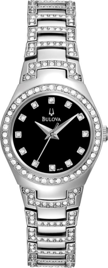 96L170A Bulova Ladies Watch. Swarovski crystal accents on the dial, bezel and bracelet. Black dial with silver-tone hands. Stainless steel case and bracelet. Curved crystal.