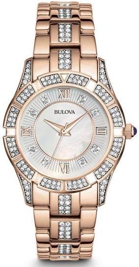 . 98L197B Bulova Ladies Watch - In stainless steel with rose-gold finish, 200 Swarovski crystals individually hand-set on case, bracelet and patterned white mother-of-pearl dial, second