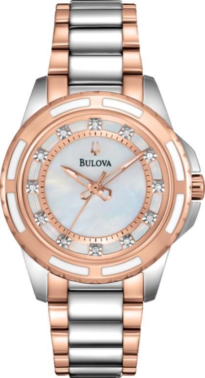 98C120 Bulova Men s Watches - Multifunction design in stainless steel with two-tone gold and silver ion-plated finish, patterned black dial, day, date and 24-hour sub-dials,
