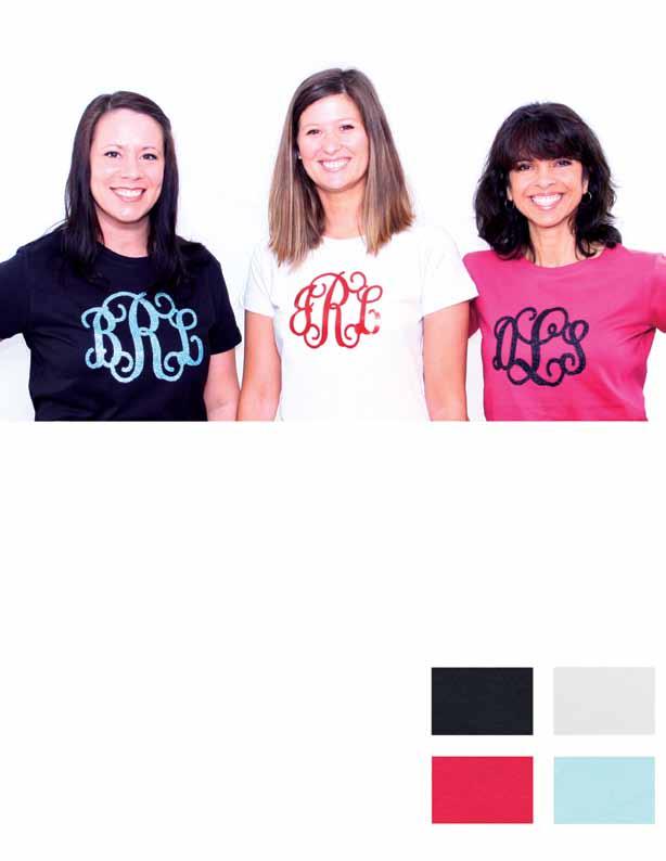 Initial Tees Jennifer is wearing a black large shirt with a teal glitter monogram. Danielle is wearing a white medium shirt with a metallic red monogram.